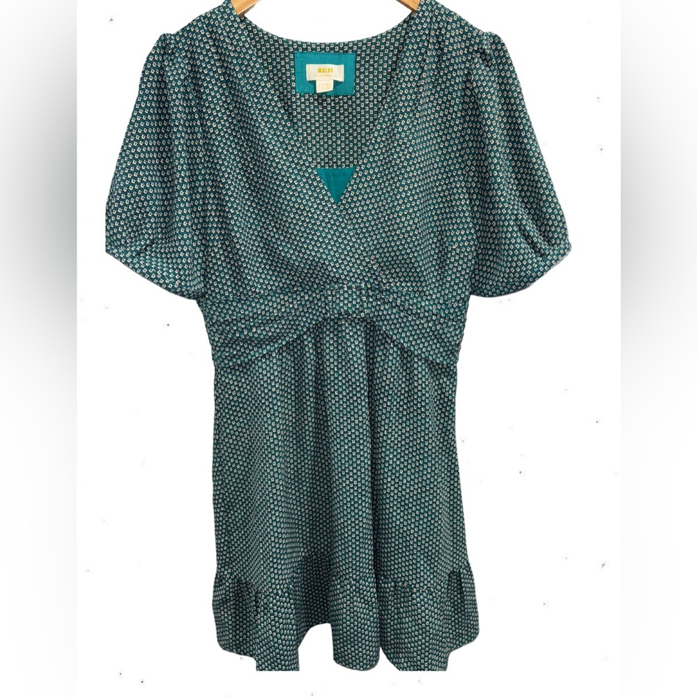 Anthropologie Maeve Keily Printed Belted Dress Green Short Sleeve Size 14
